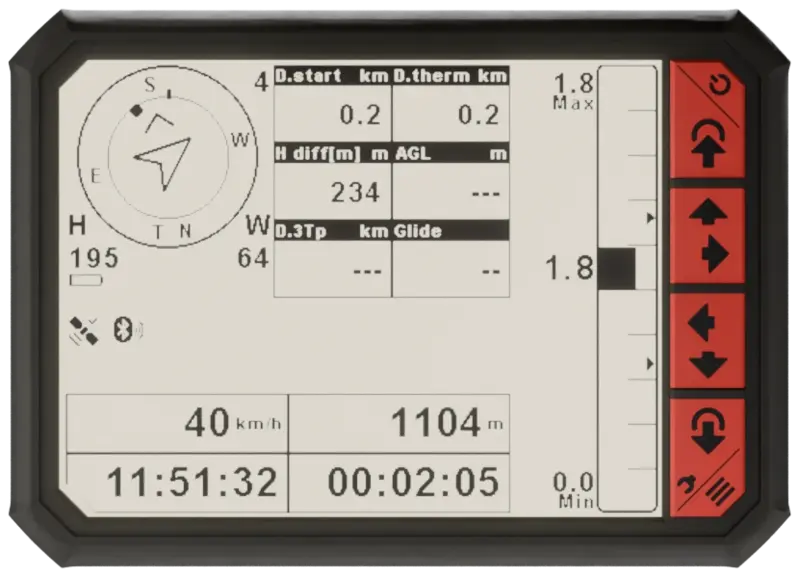 MipFly OneX mounted horizontally, running a landscape UI layout